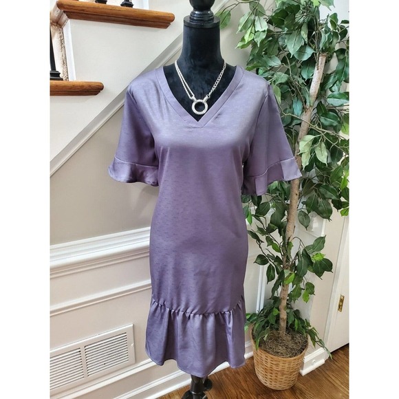 SHEIN Women's Solid Purp Polyester V-Neck Short Sleeve Knee Length Dress Size XL - Picture 1 of 10